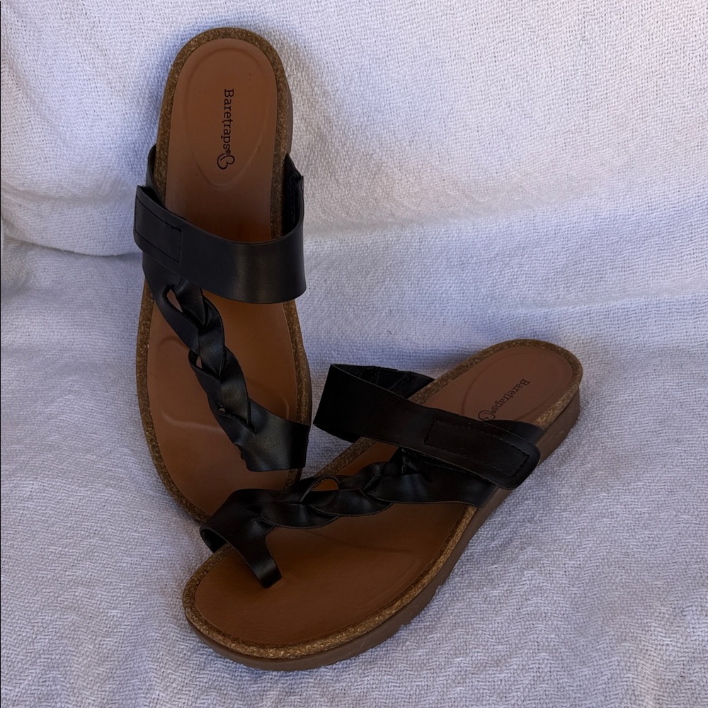 Womens 10 BareTraps Black Haron Wedge Braided Slide Sandals Summer Flip Flops